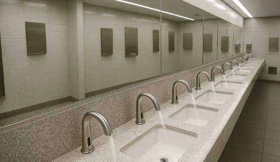 University restroom bank with multifeed soap system and matte black faucets